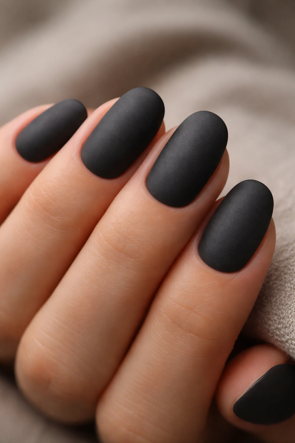 Smoky charcoal gray short oval nails with a velvety matte finish