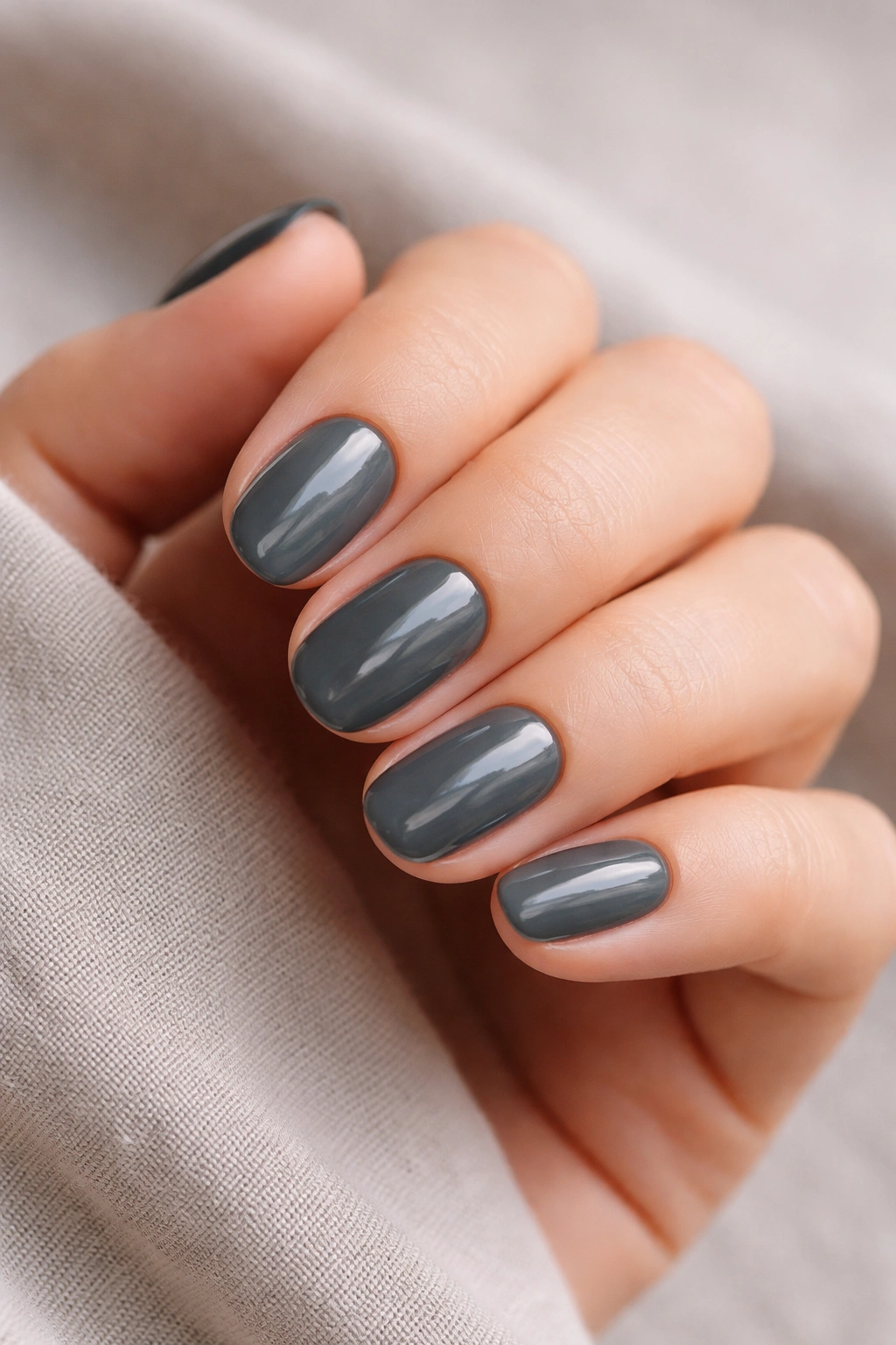 Close-up of charcoal gray short oval nails with a smooth cream finish on a neutral background
