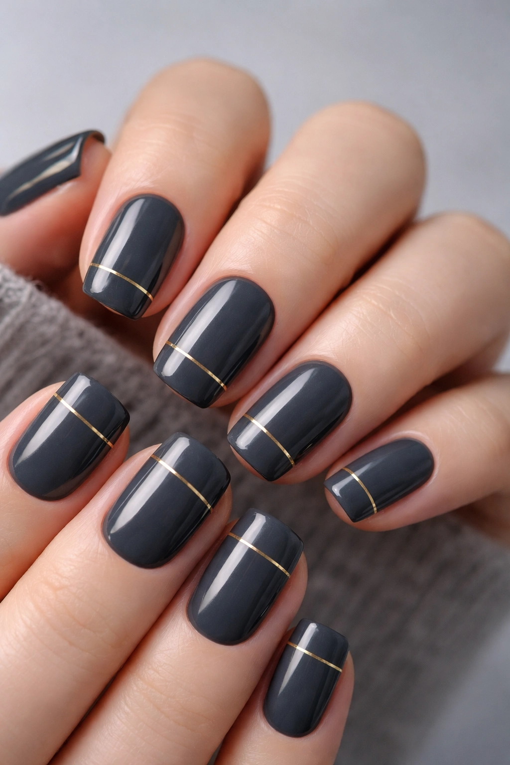 Charcoal gray nails with thin gold stripes on squoval nails
