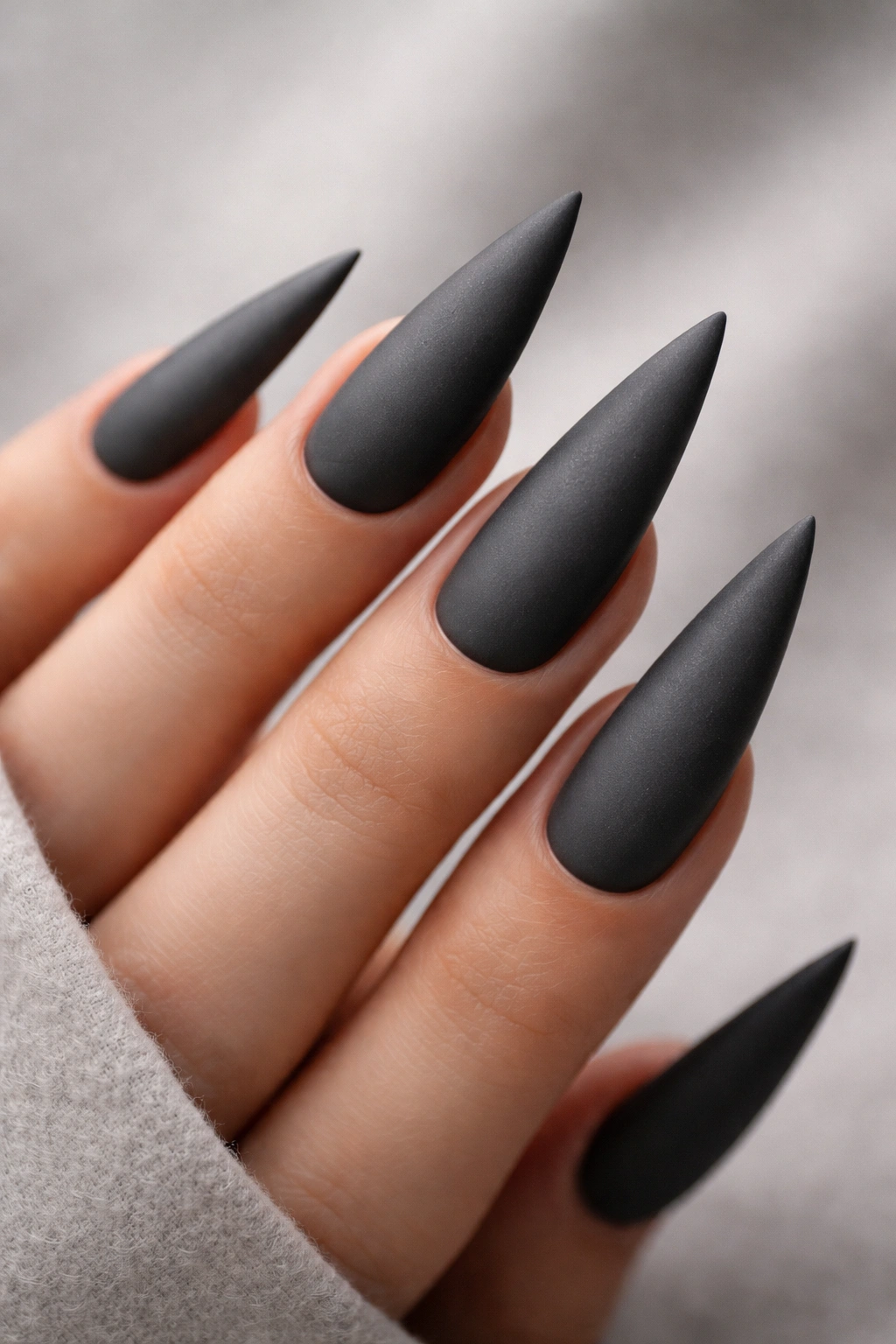 Close-up of charcoal grey matte stiletto nails with velvety texture on a neutral backdrop