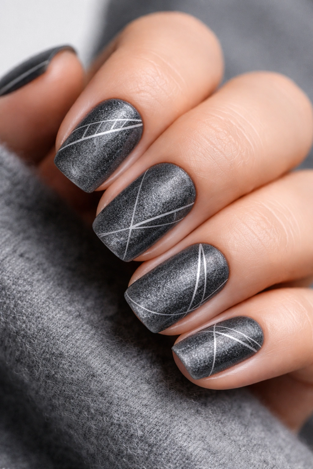 Close-up charcoal grey velvet nails with geometric line art