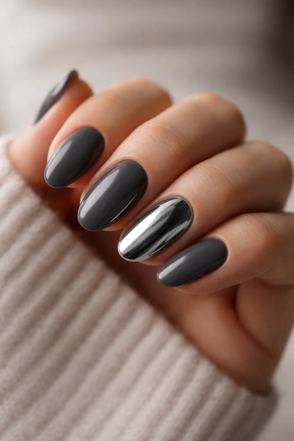 Charcoal nails with one glossy accent on a short almond nail
