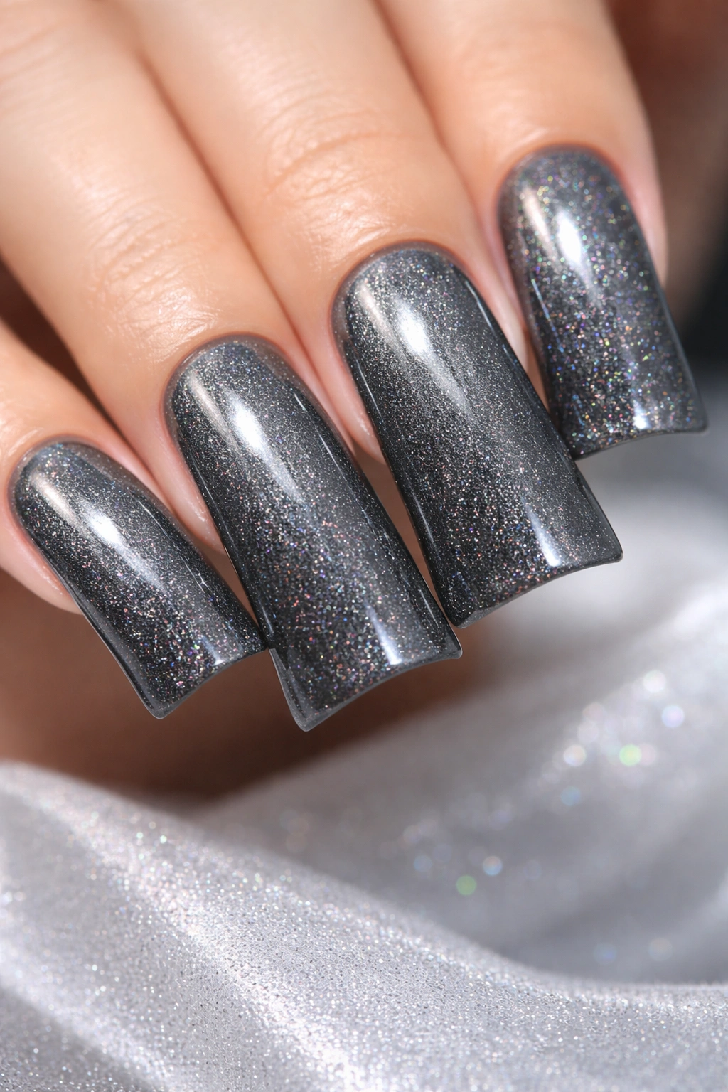 Charcoal nails with subtle holographic dust in topcoat