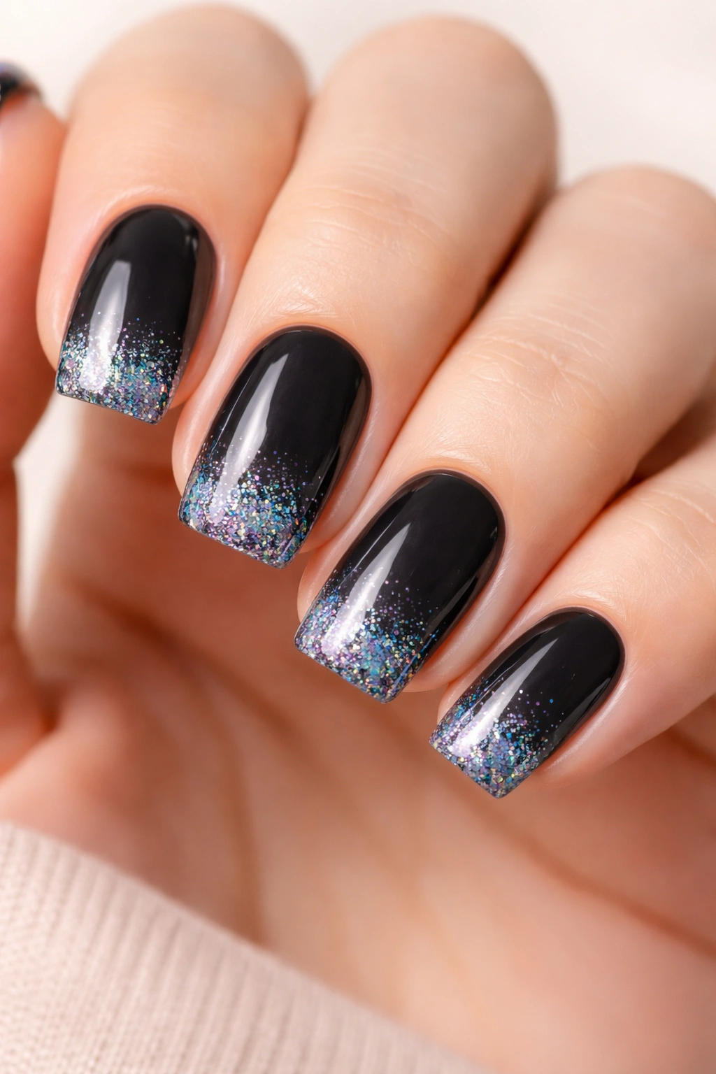 Close-up of charcoal black nails with holographic glitter tips