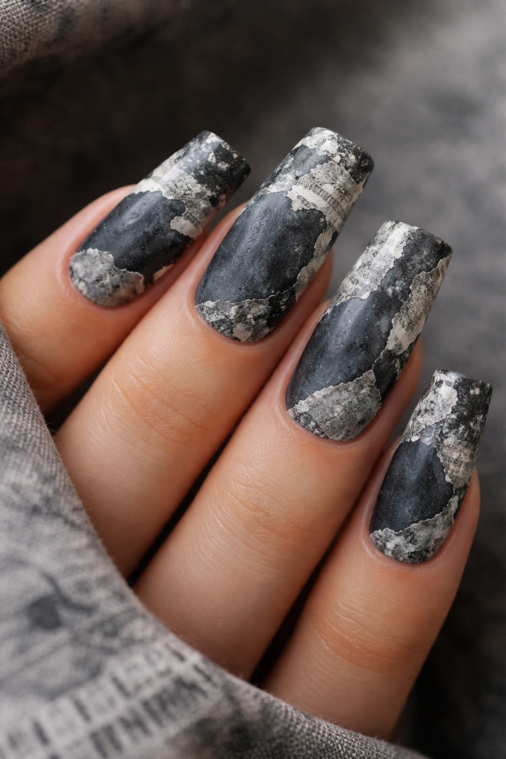 Duck nails with charcoal base and torn newspaper texture.