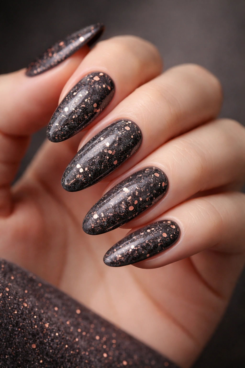 Close-up of charcoal nails with rose gold speckles on a dark background