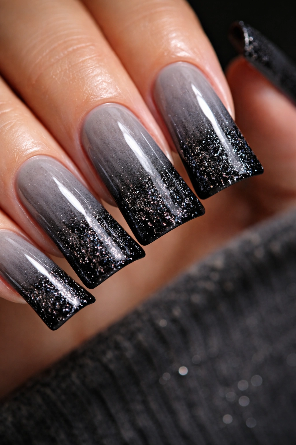 Close-up of charcoal to black ombre nails with glitter gradient at tips