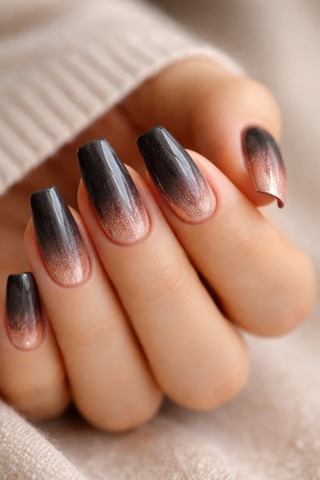 Close-up of charcoal to rose gold ombre coffin nails on a hand with a glossy finish