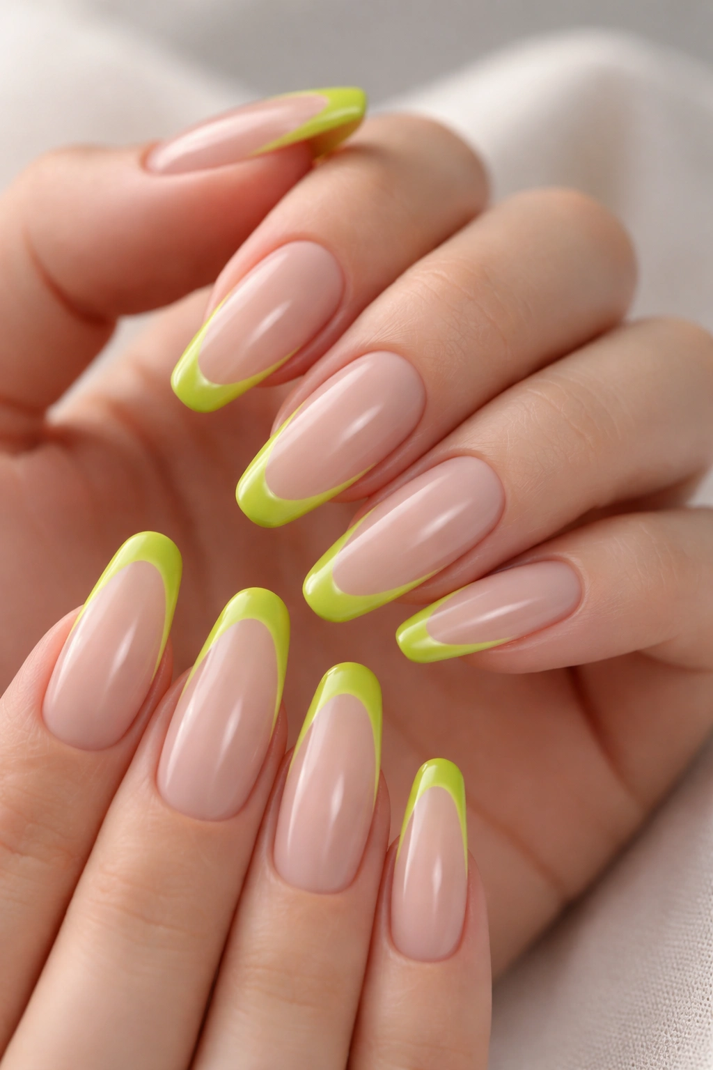 Nails with chartreuse outline French tips on ballerina nails