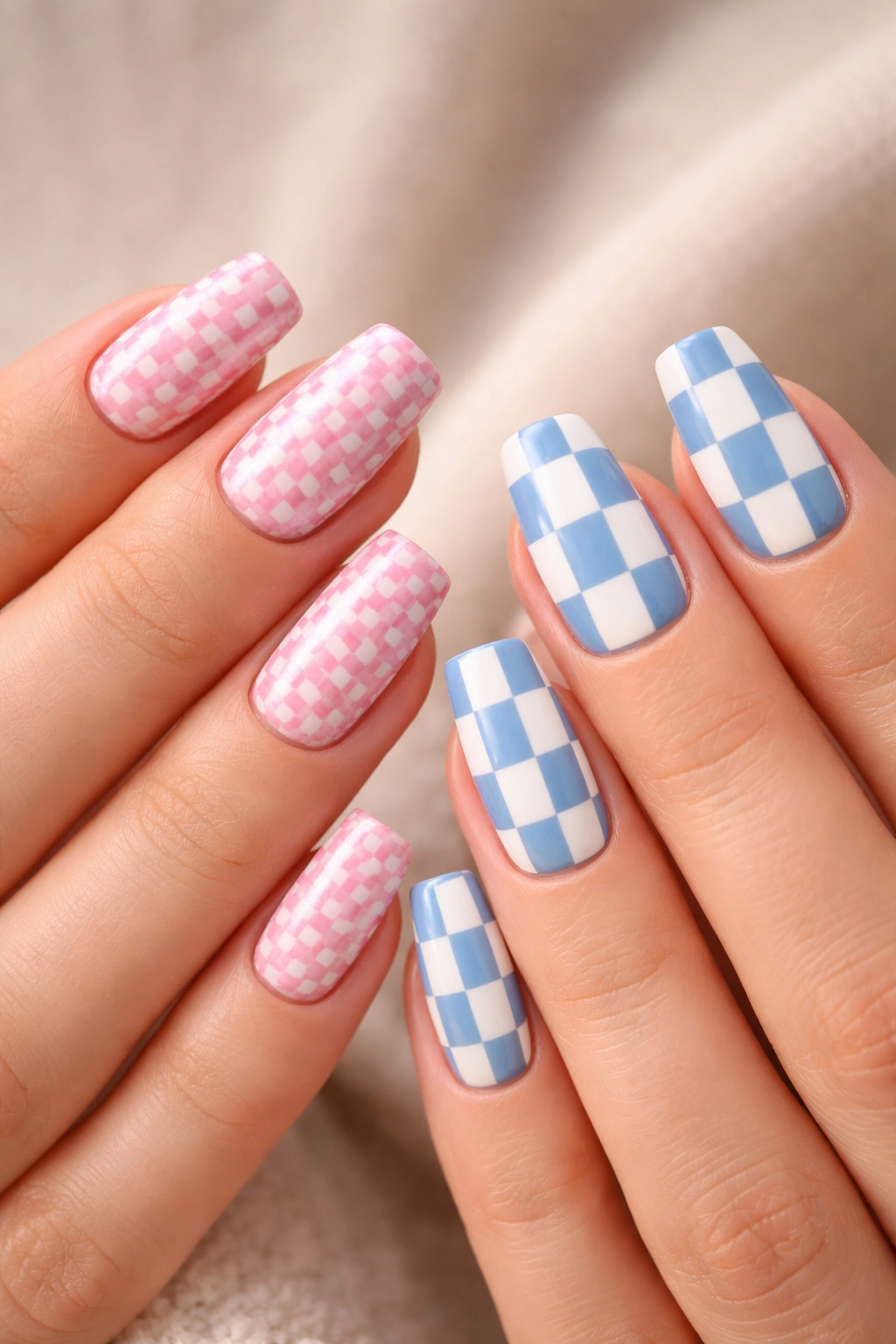 Two hands with checkerboard gel nails in pink/white and blue/white