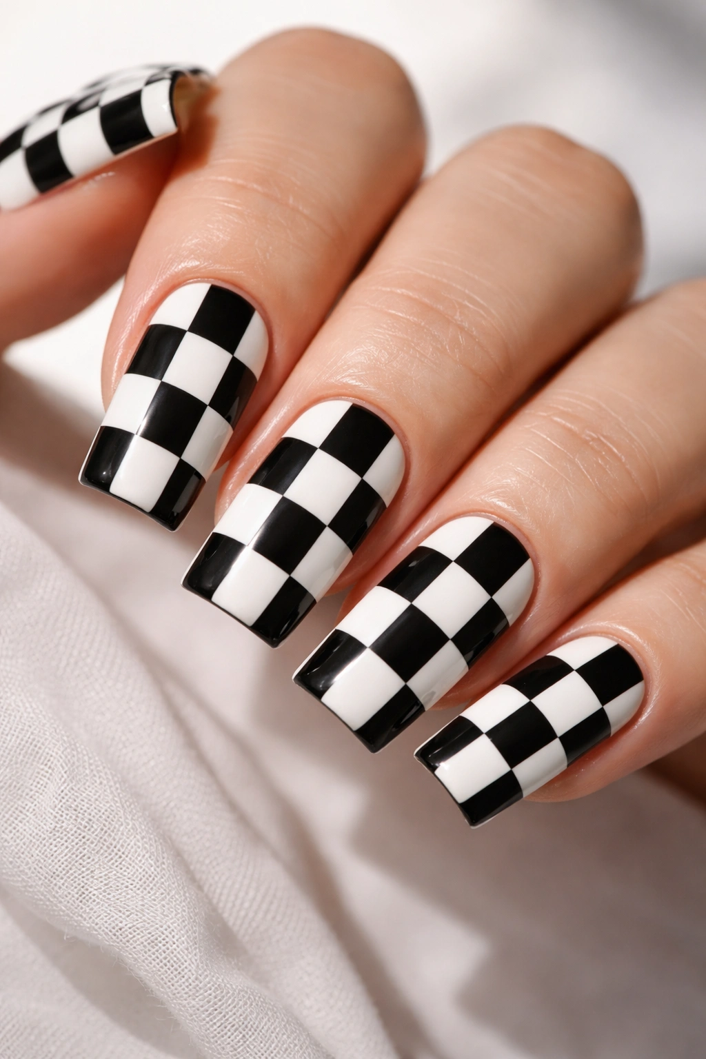 Close-up of checkerboard pattern on square acrylic nails