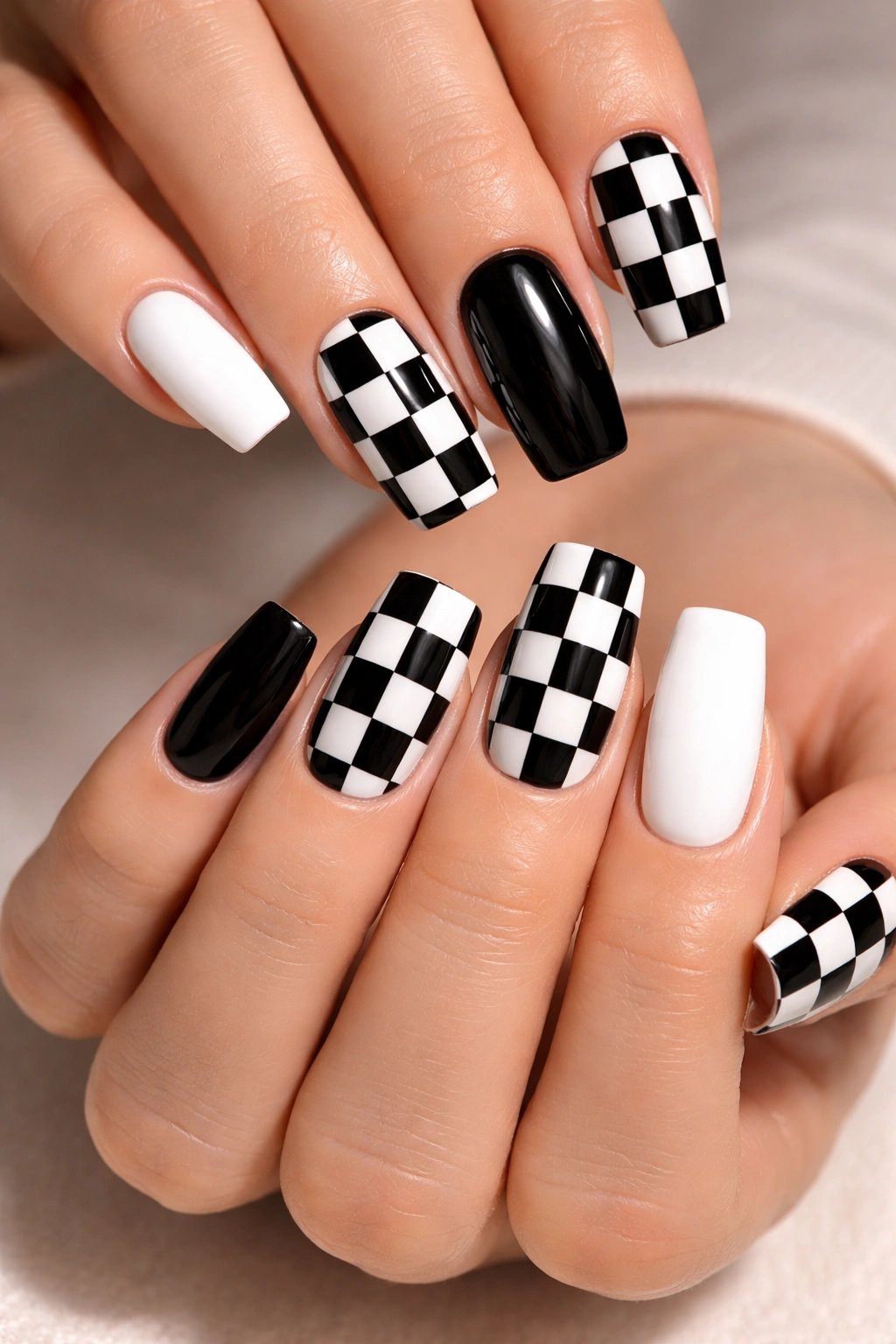Nails with black and white checkerboard pattern