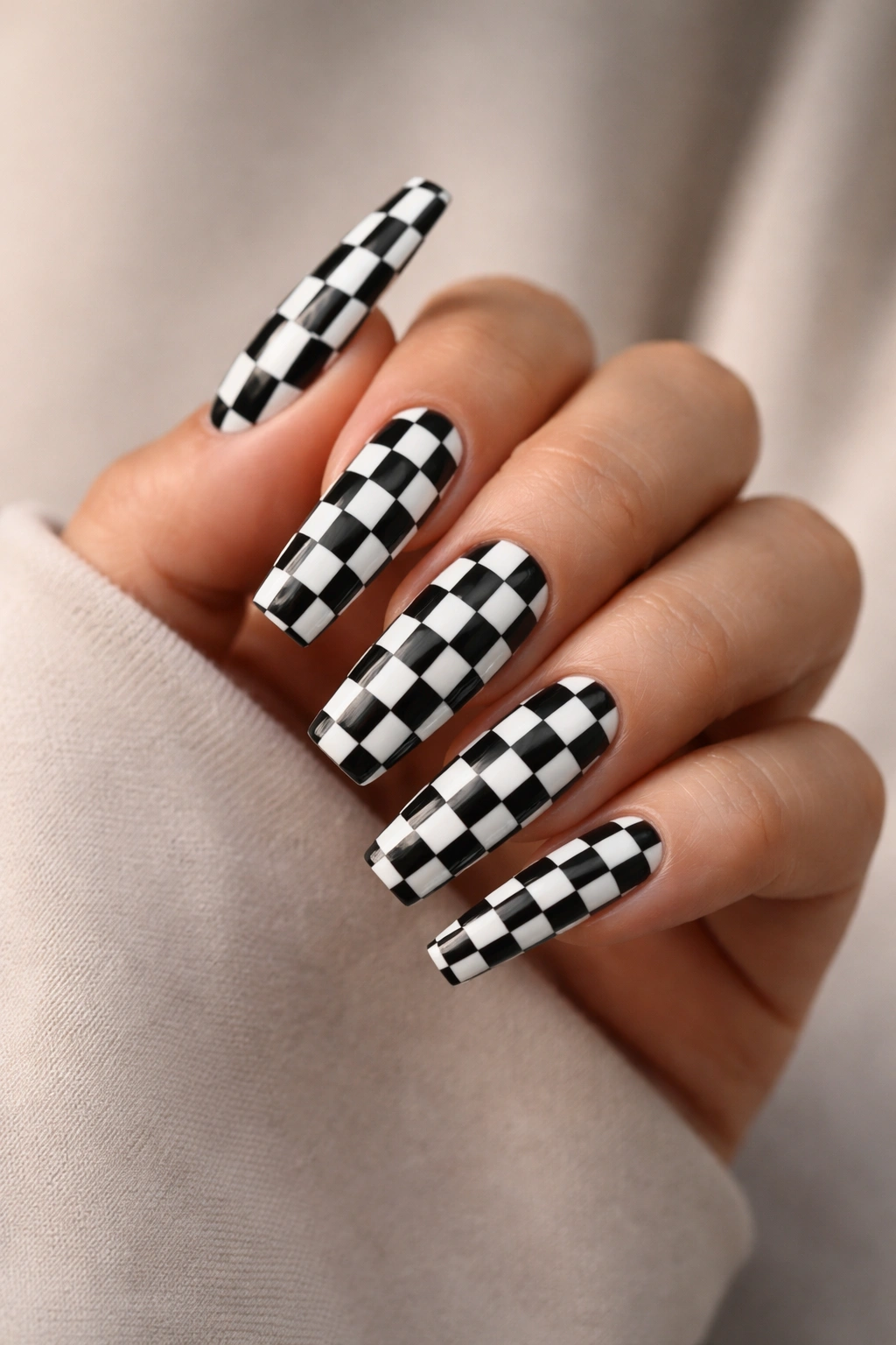 Close-up of coffin nails with black and white checkerboard pattern