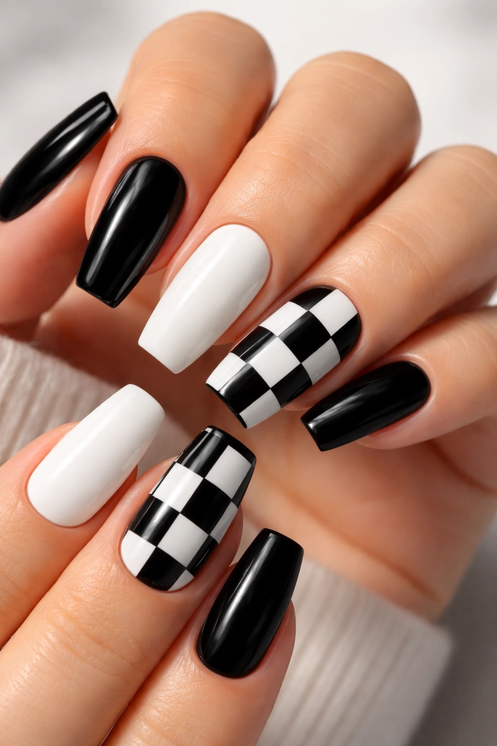 Close-up of ballerina nails with a checkerboard accent on two nails and solid black and white nails, glossy finish