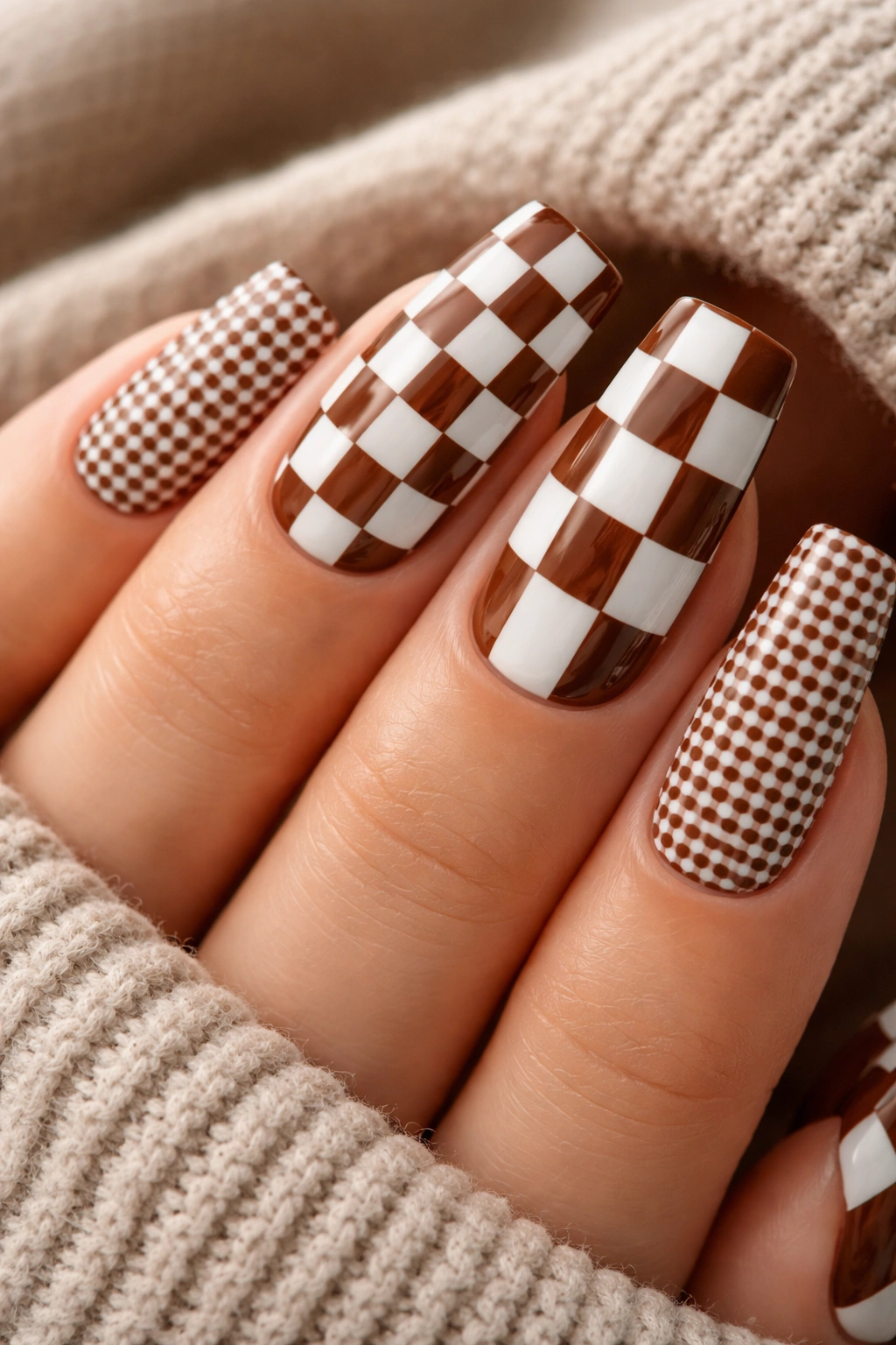 Close-up of brown and white checkerboard nails with a crisp grid pattern