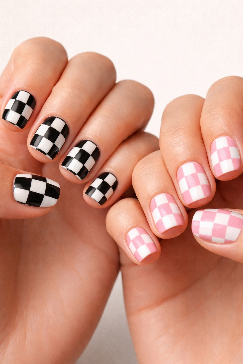 Two hands showing checkerboard nail art in black-white and pink-white patterns on short nails.