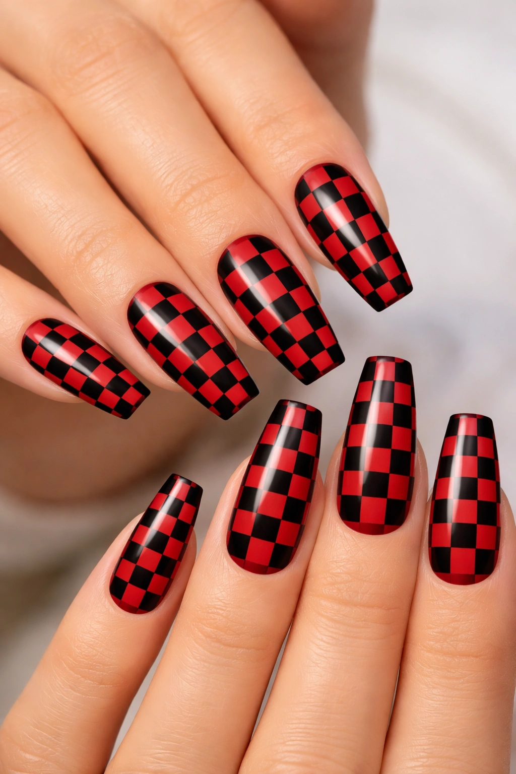 Red and black checkerboard pattern on coffin nails