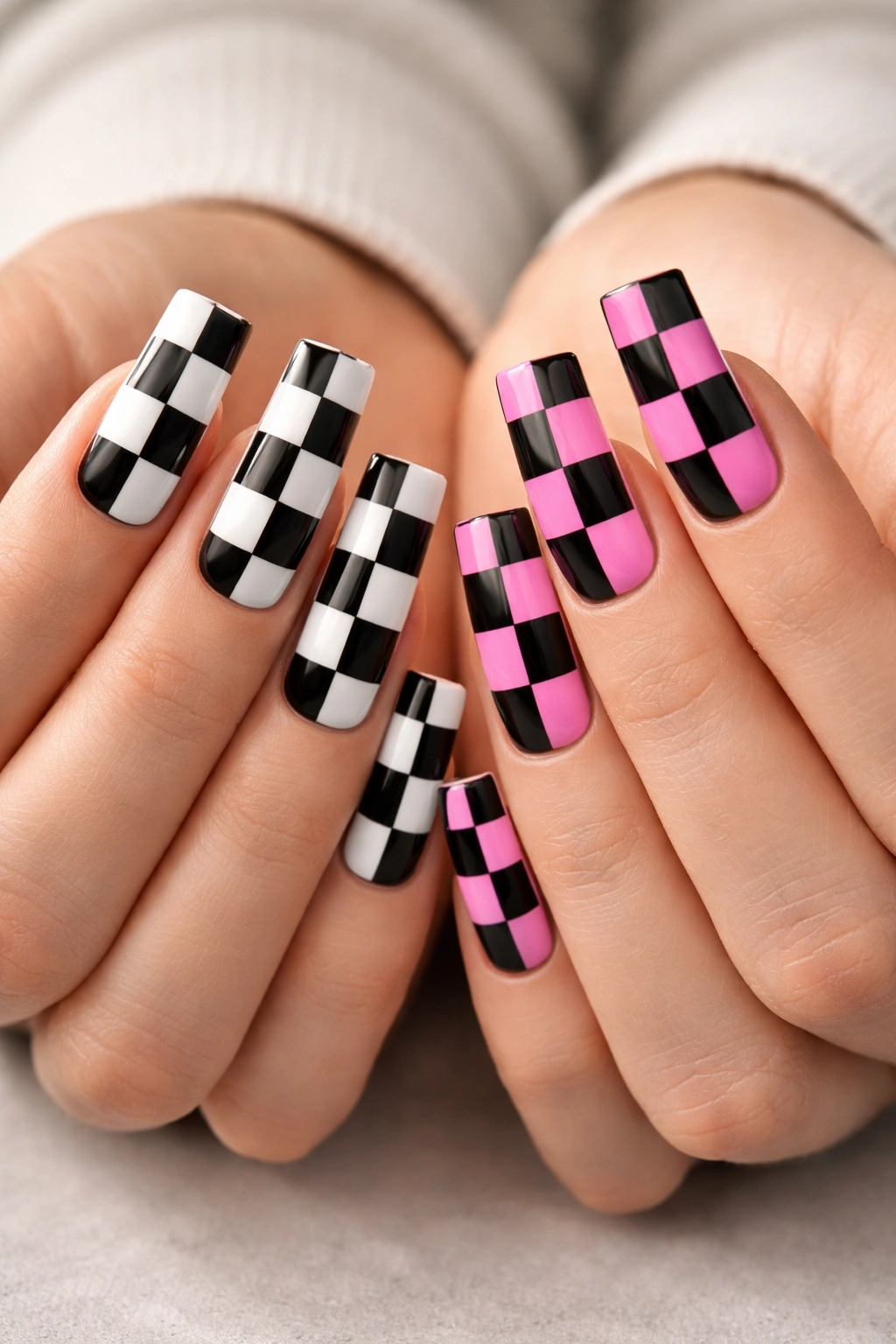 Close-up of long square nails with black-and-white and pink-and-black checkerboard patterns on both hands.