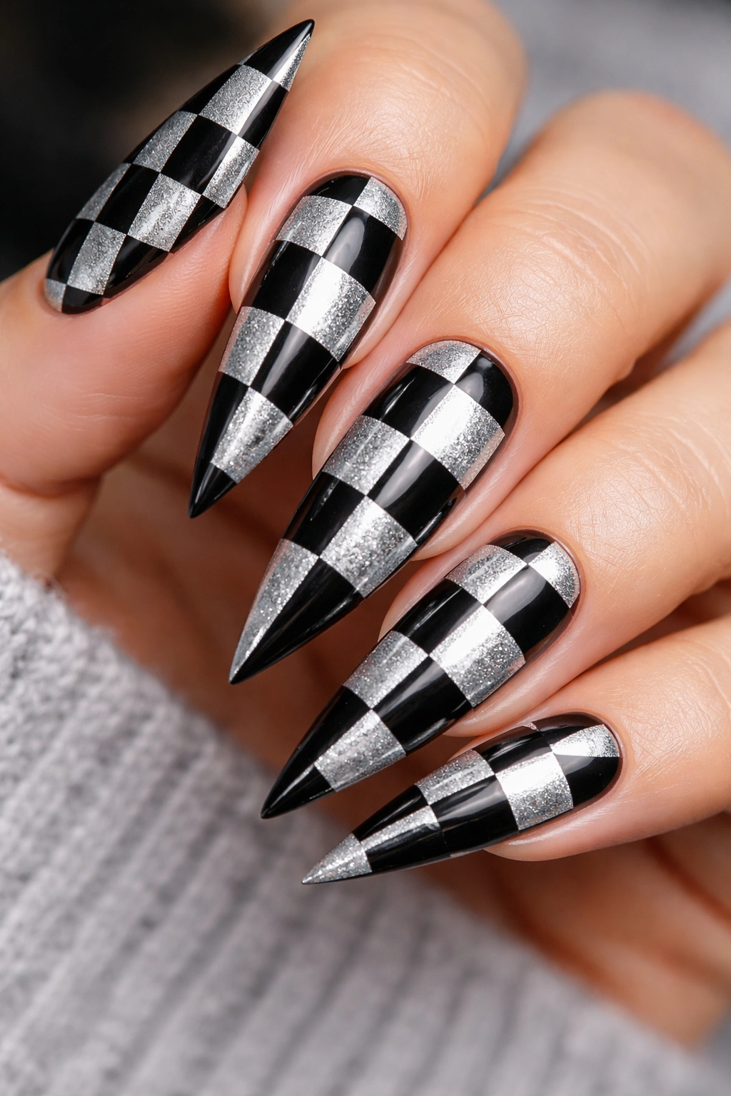 Close-up of black and silver checkerboard stiletto nails with crisp grid pattern