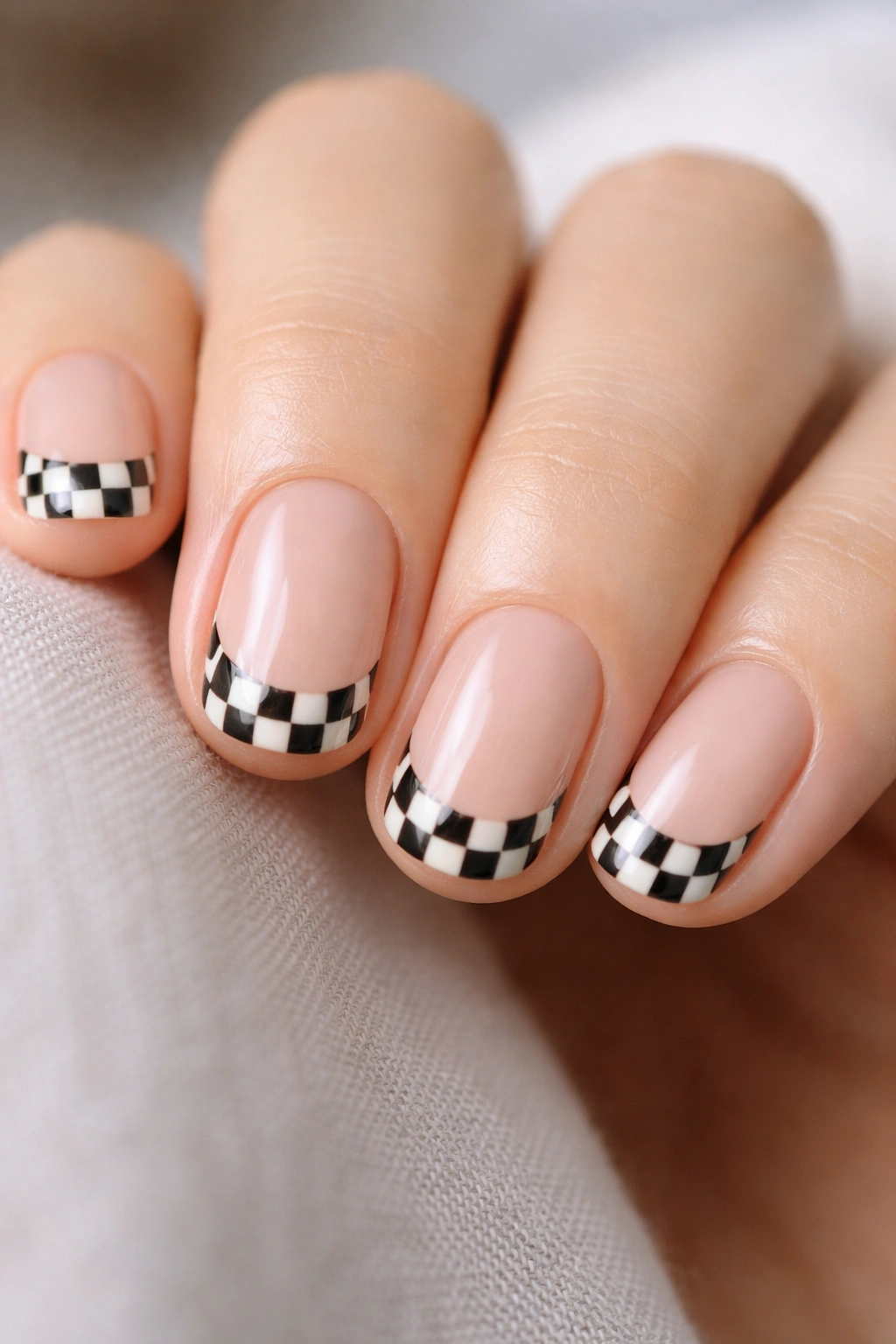 Close-up of short oval nails with a partial black and white checkerboard at the tips