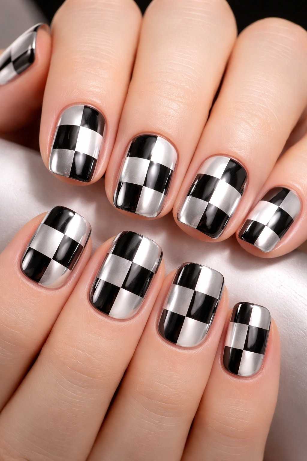 Nails with checkered black and white chrome squares