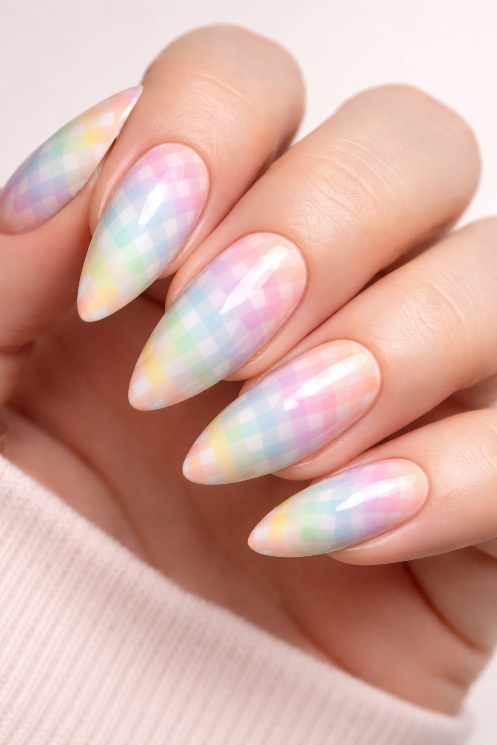 Almond nail with warped pastel checkerboard pattern
