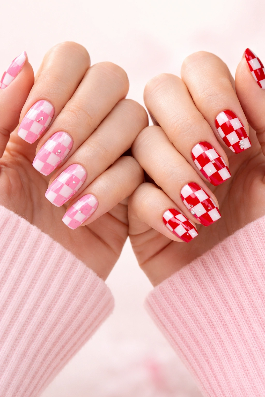 Two hands showing pink-white and red-white checkered nails for Valentine design