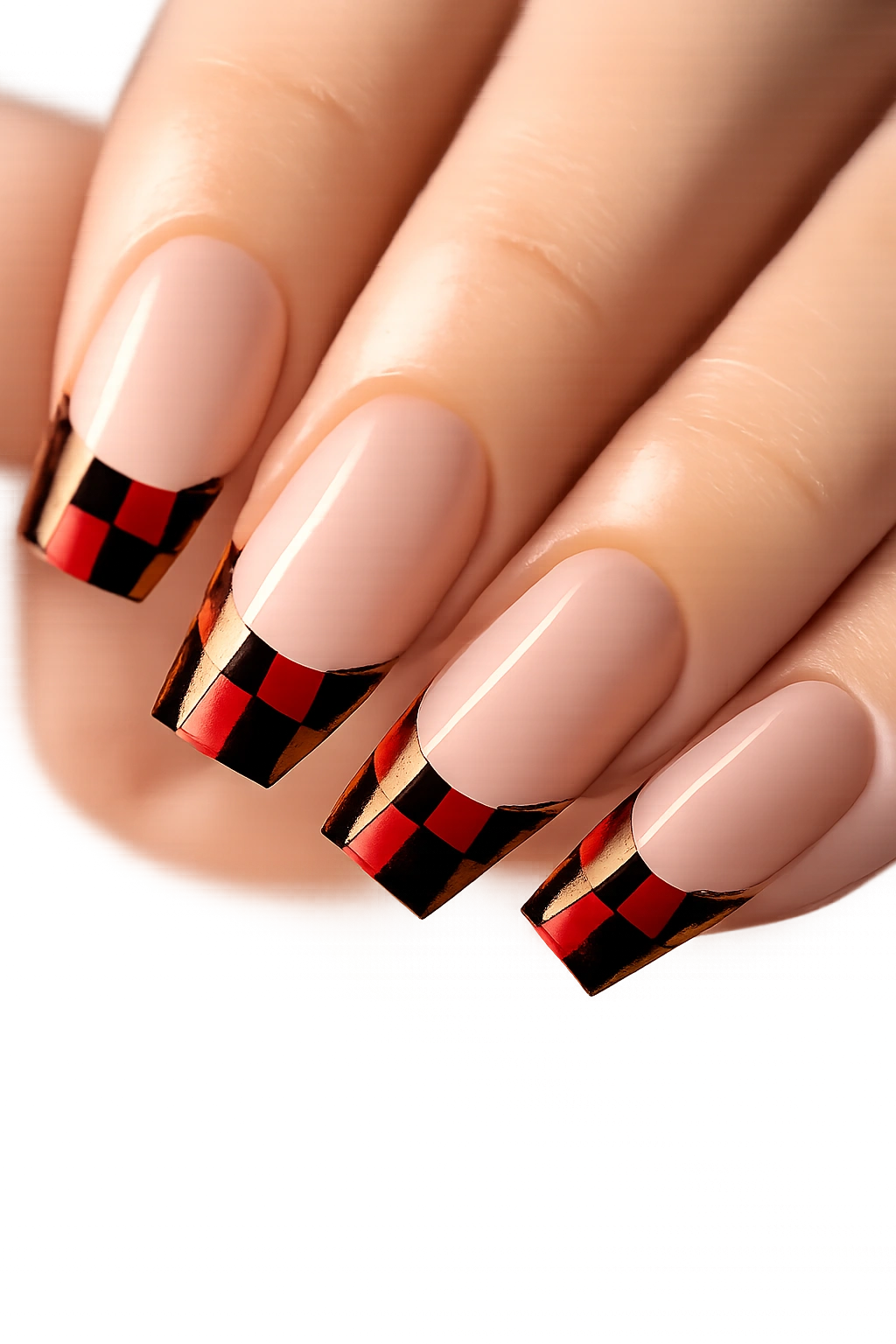 Nail tips with red and black checkerboard pattern on a nude base