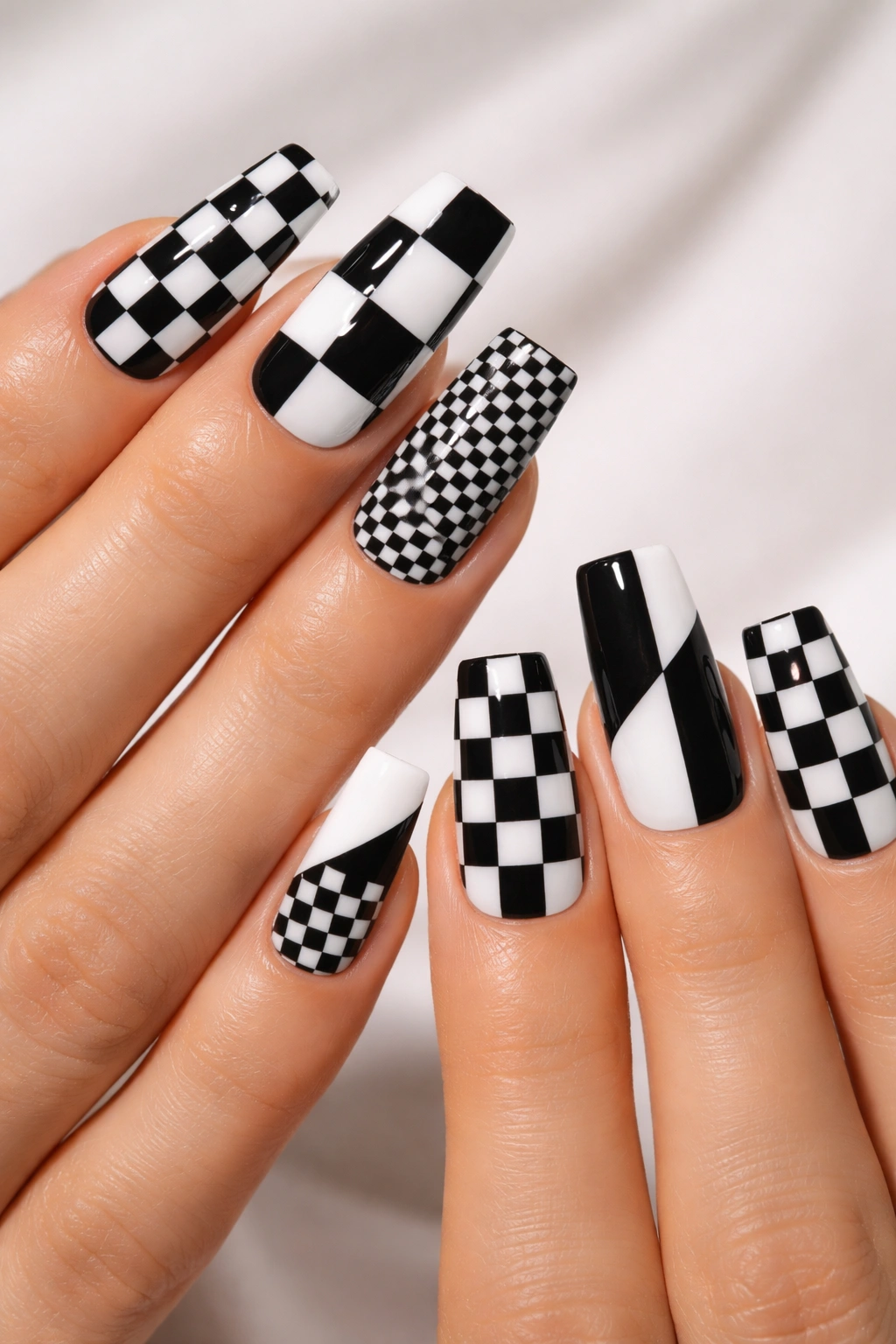 Square nails with black-and-white checkered patterns