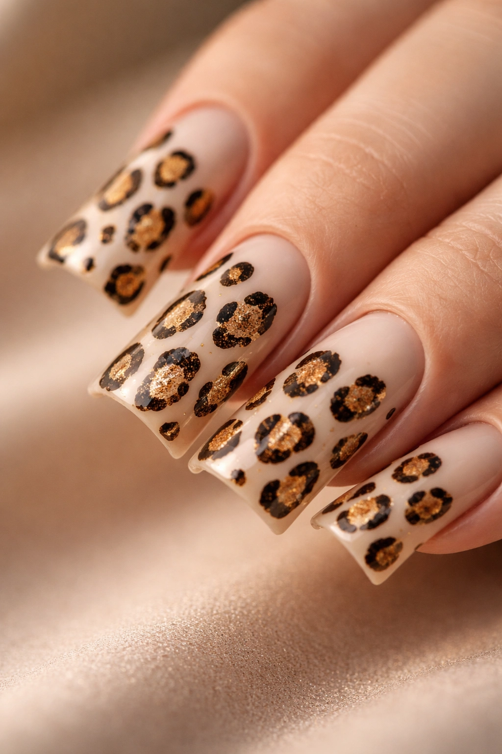 Close-up of a duck nail with nude base and golden cheetah spots