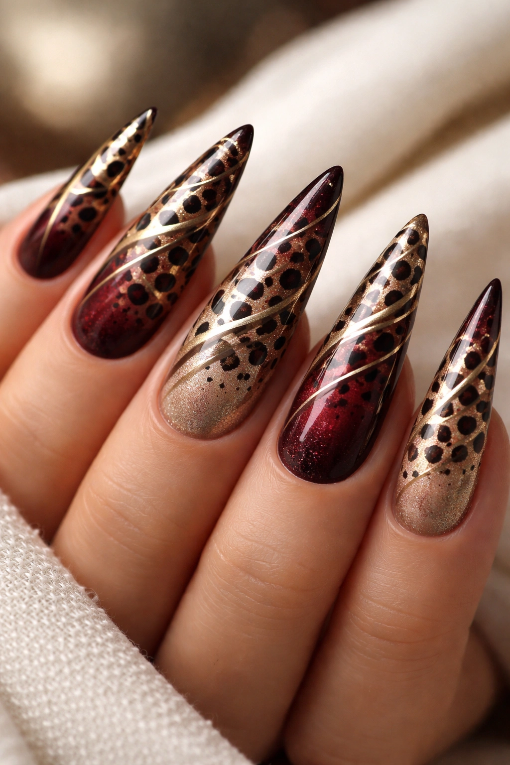 Cheetah print on stiletto nails with burgundy-to-gold ombre and metallic details