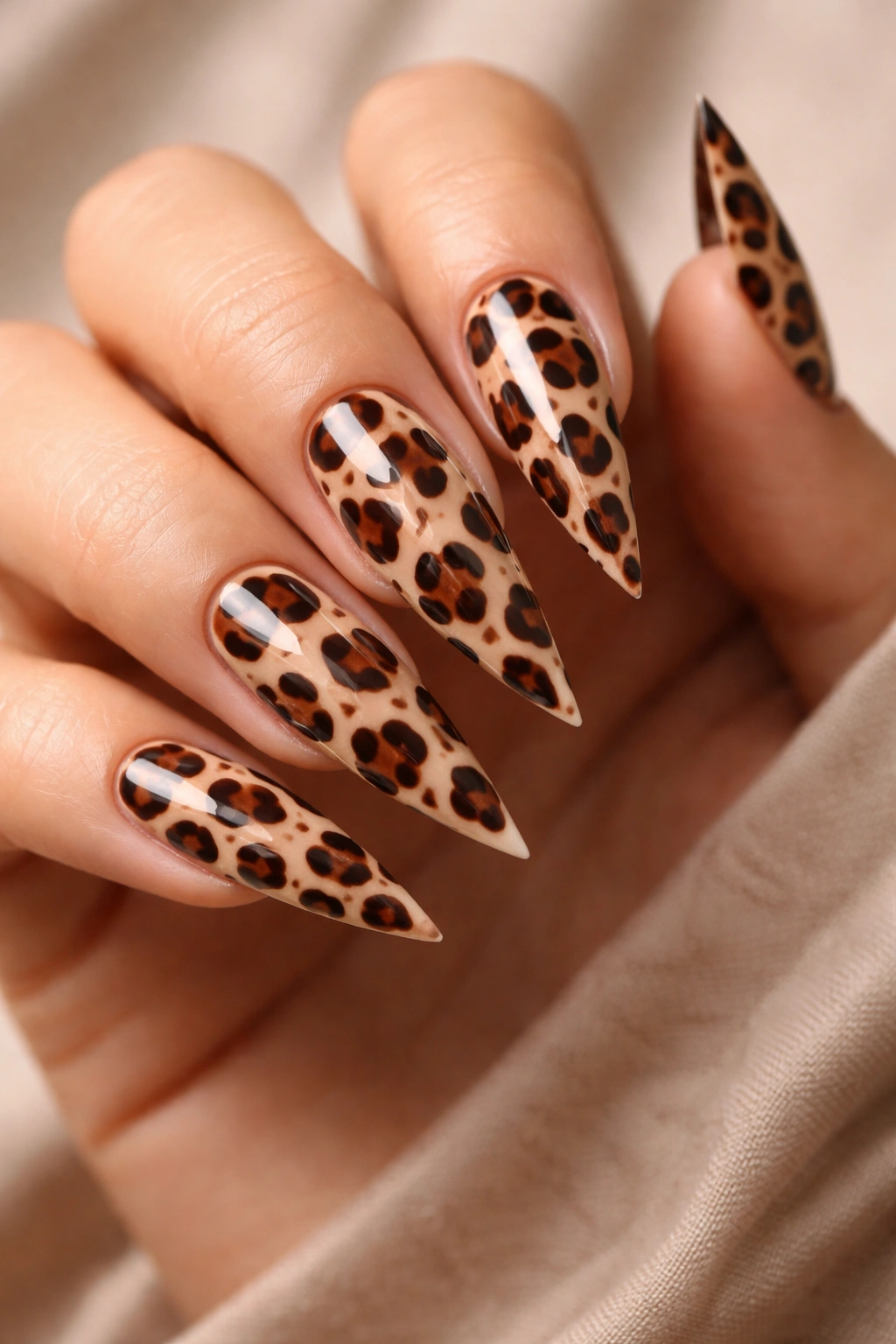 Close-up of classic brown cheetah print on nude stiletto nails with spotted pattern