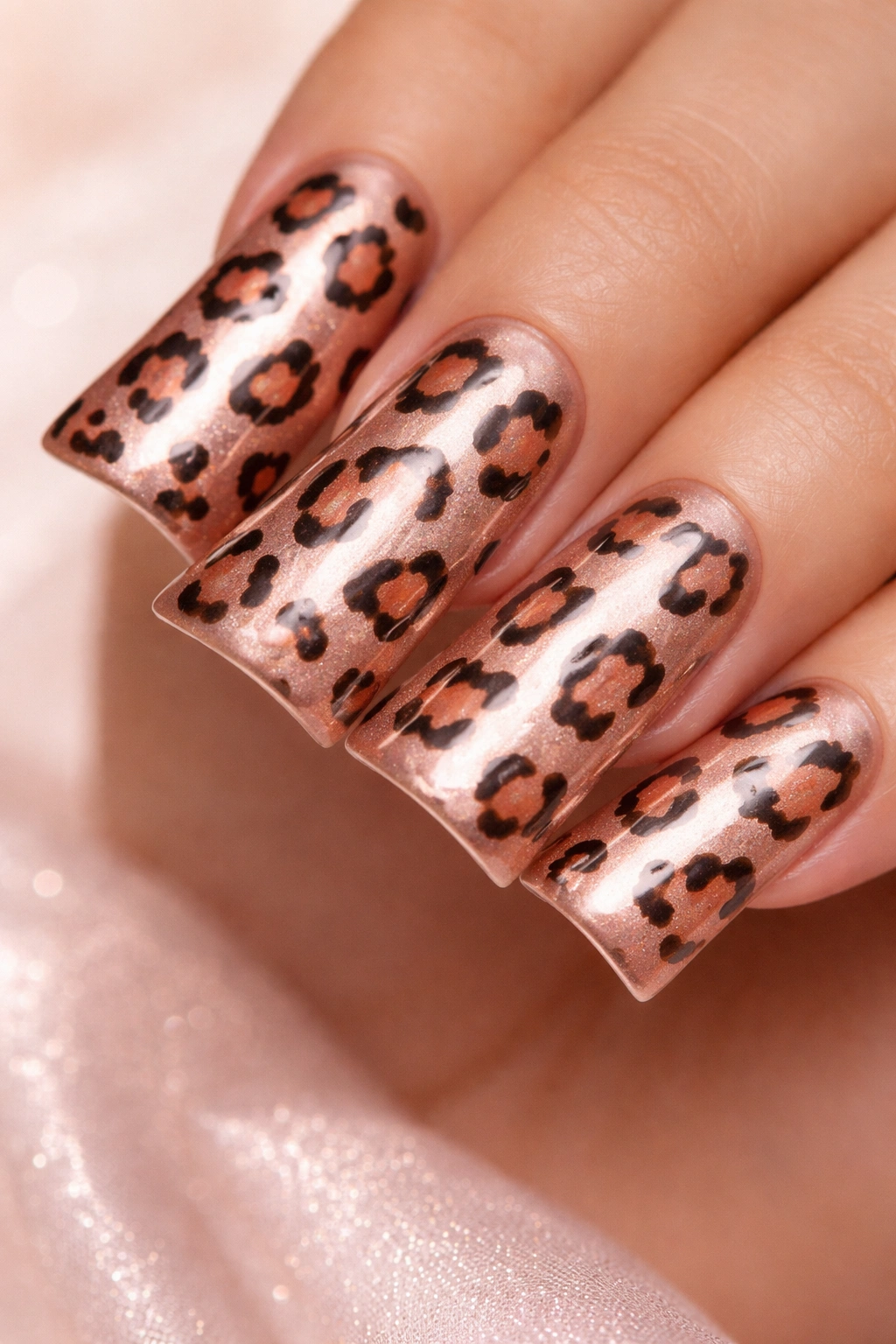 Duck nails with rose gold cheetah print featuring peachy-brown and black spots.
