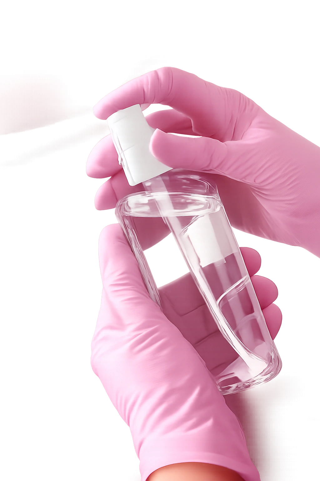 Gloved hands handling a clear bottle to minimize chemical exposure to gel nails