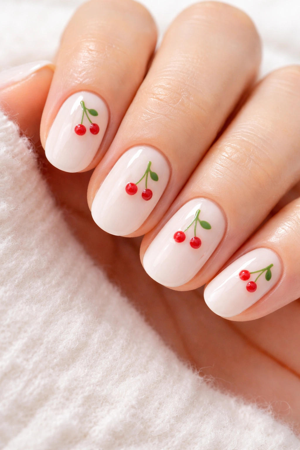 Nails with tiny cherry accents on a light base