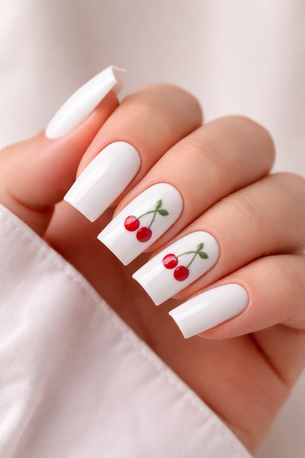 Square nails with cherry motifs on accent nails