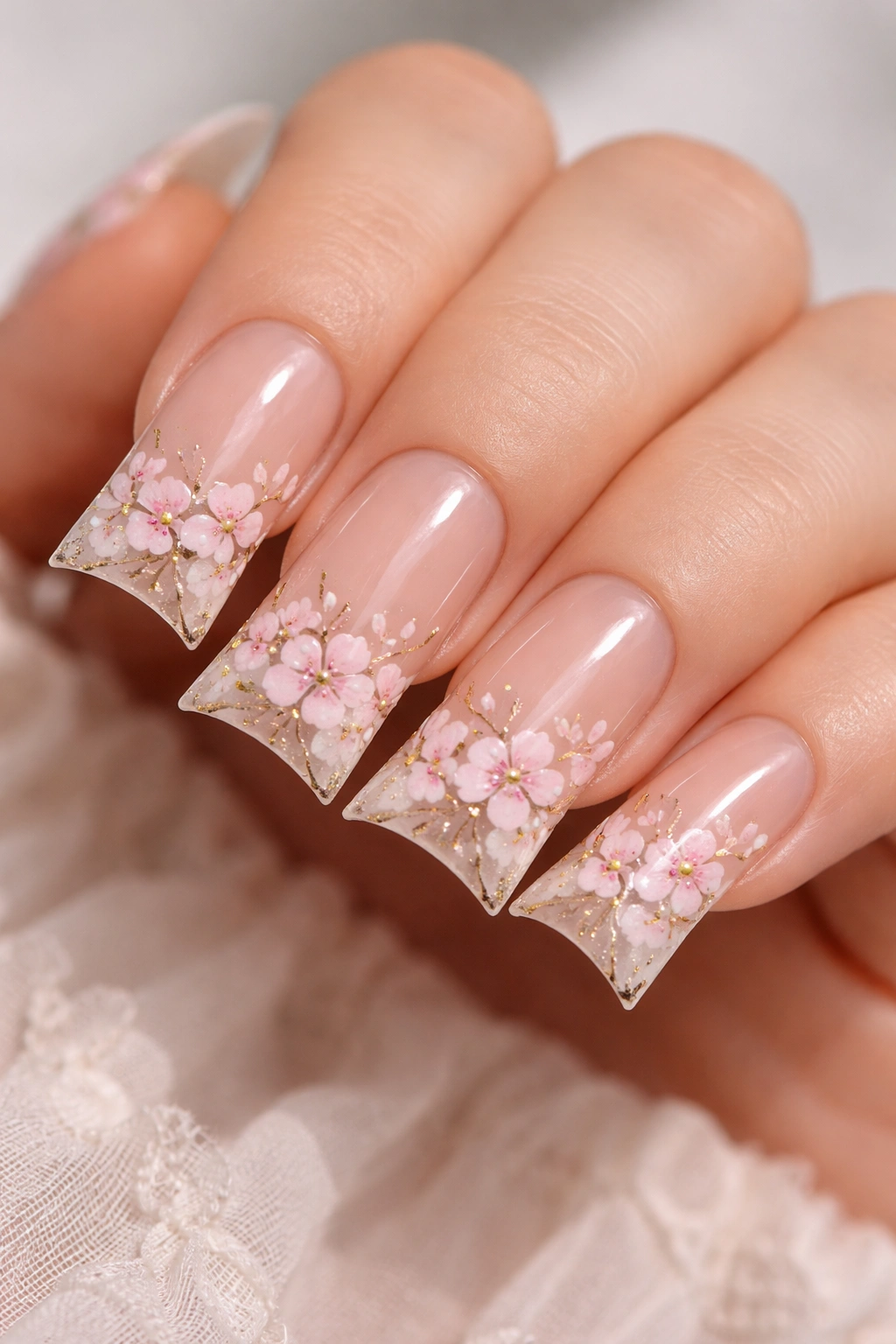 Close-up of Cherry Blossom Pink Duck Nails with Gold Accents featuring pale pink blossoms and gold accents on curved nails