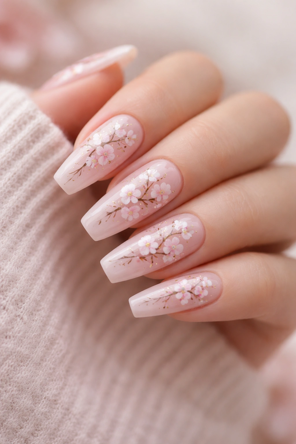 Close-up of medium coffin nails with pale pink base and cherry blossom clusters