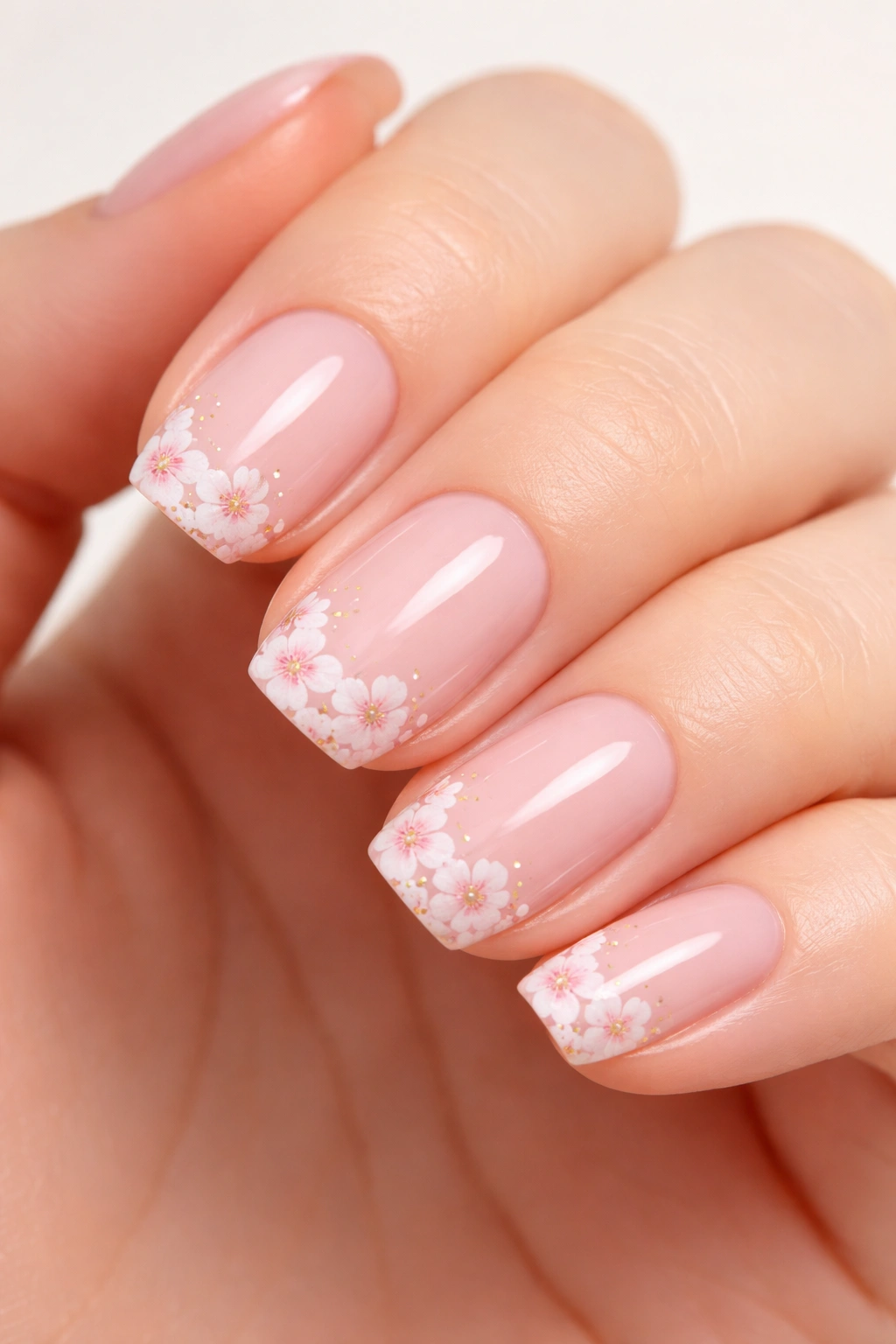 Nails with cherry blossom clusters along a pale pink French hybrid