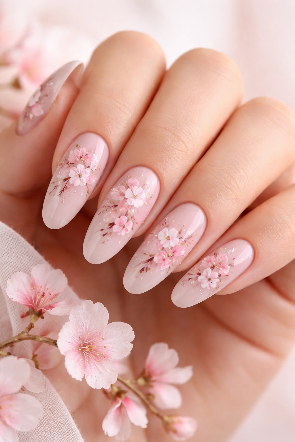 Nude pink nails with hand-painted cherry blossoms on long rounds