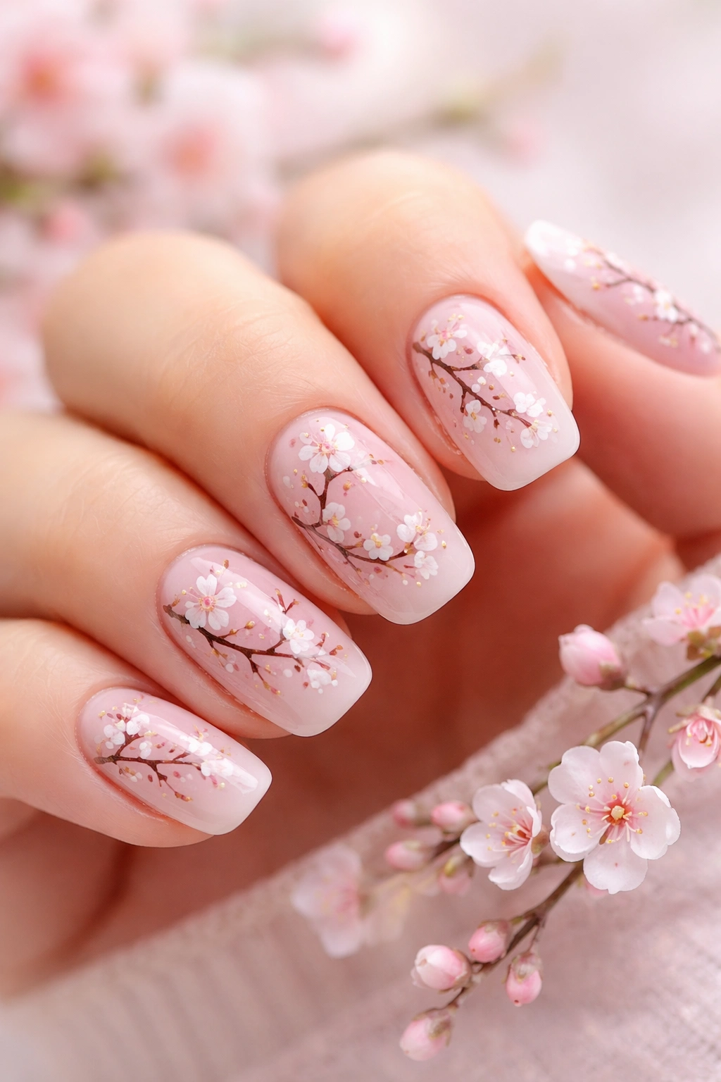 Nails with cherry blossom nail art on a soft pink base