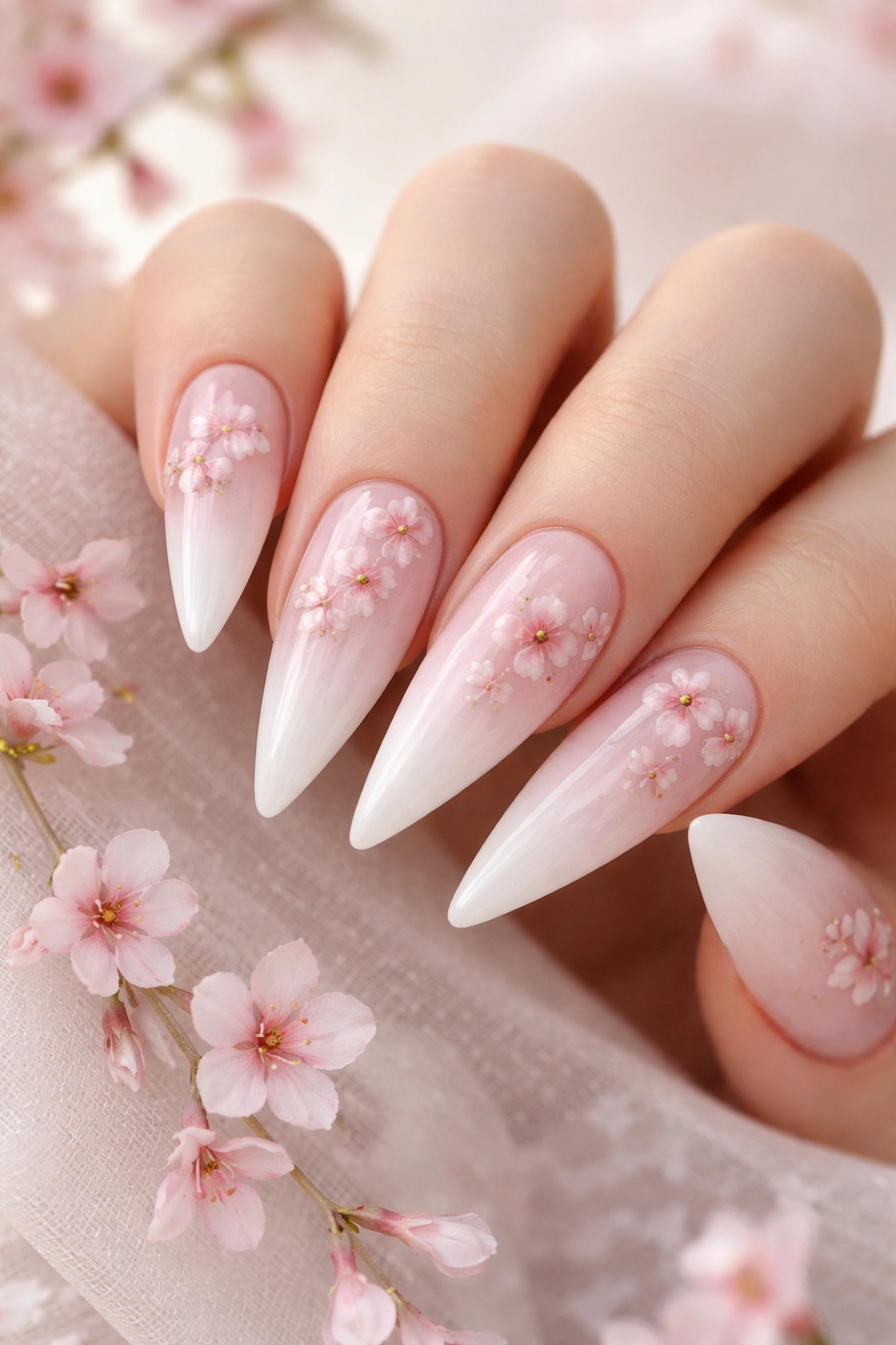 Close-up of delicate cherry blossom nails on stiletto tips with sparse blossoms