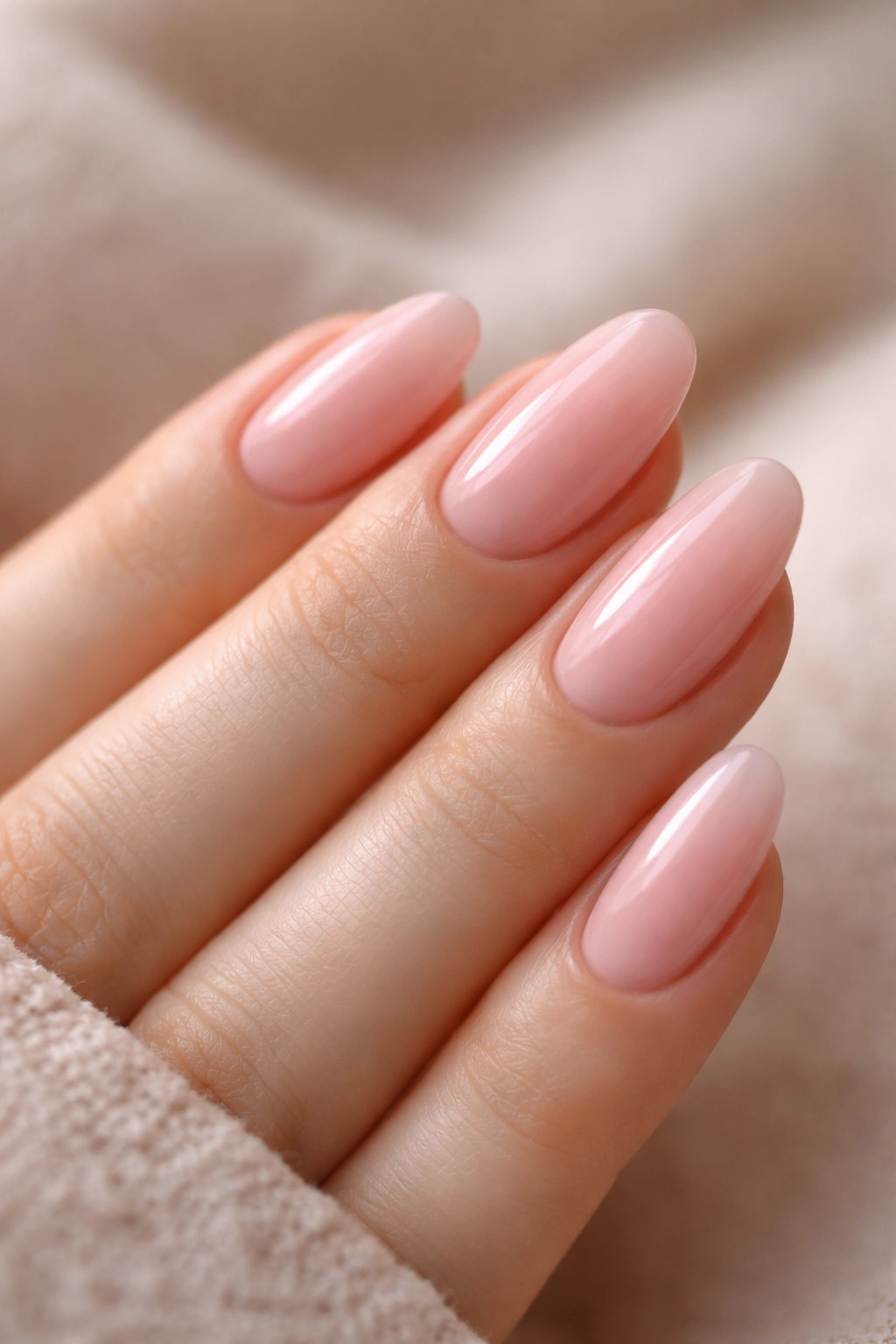 Close-up of cherry blossom pink short almond nails with creamy translucence.