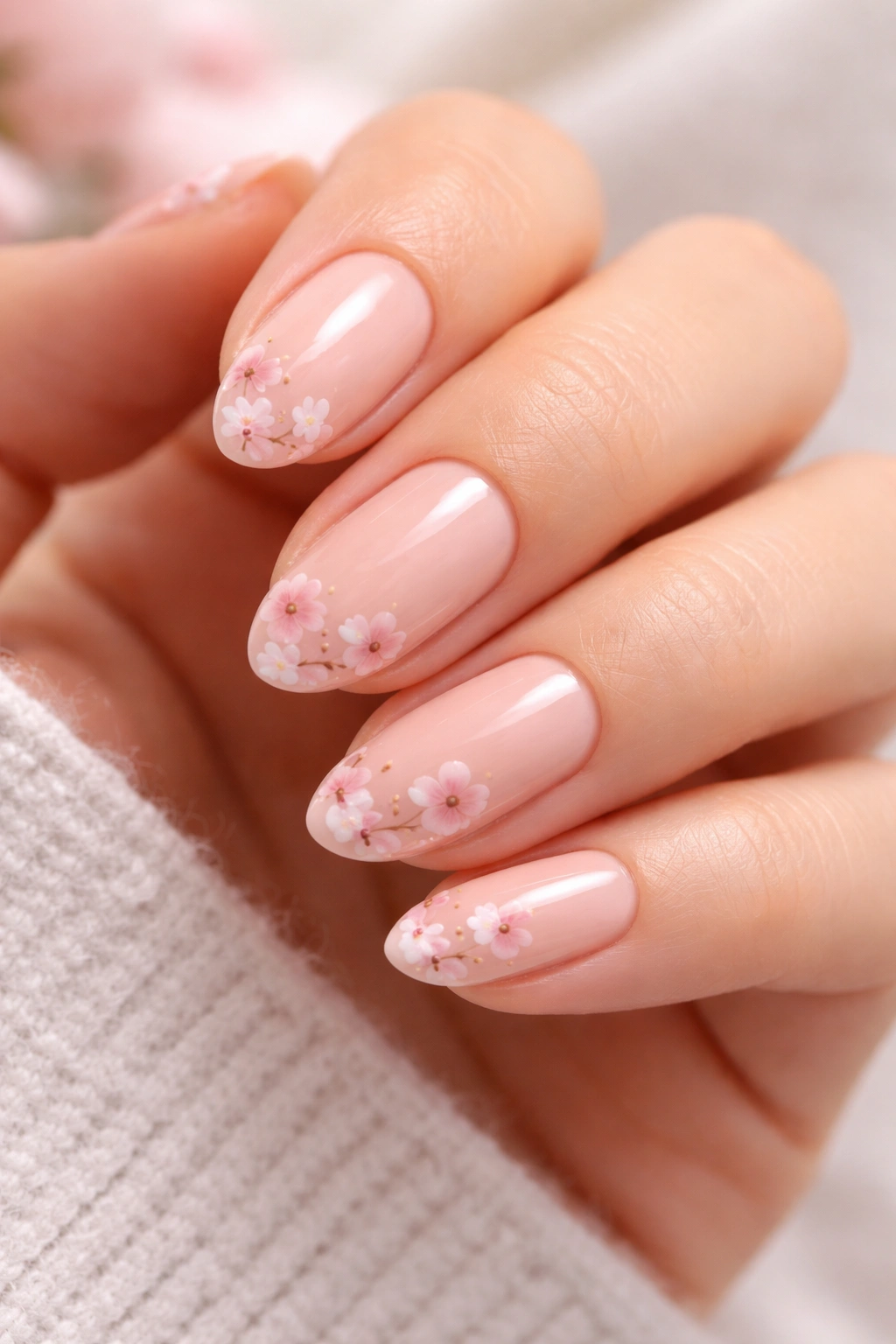Close-up of cherry blossom tips on glossy nude nails.