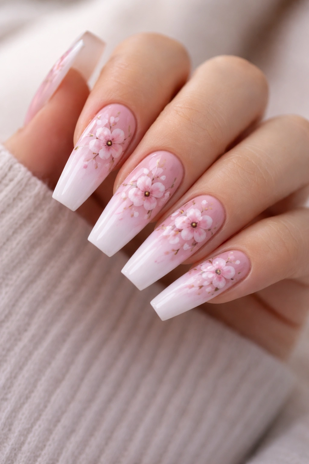 Close-up coffin nails with pale pink to white ombre and cherry blossom clusters