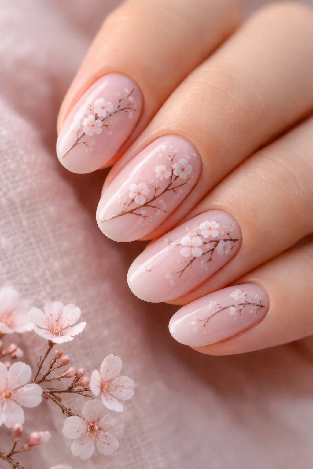 Short oval nails with pale pink base and cherry blossom motifs
