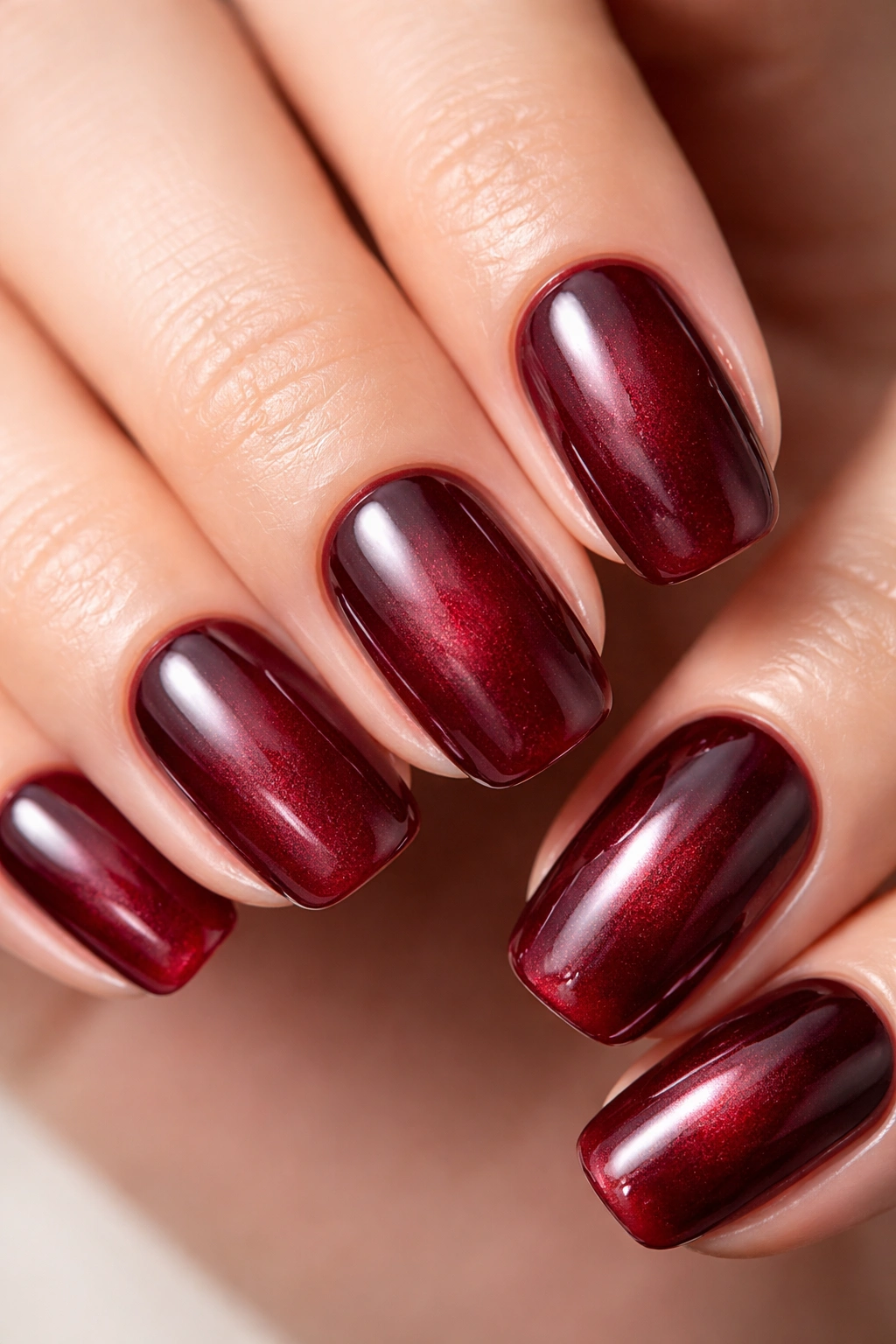 Close-up of deep burgundy cherry cola glazed nails
