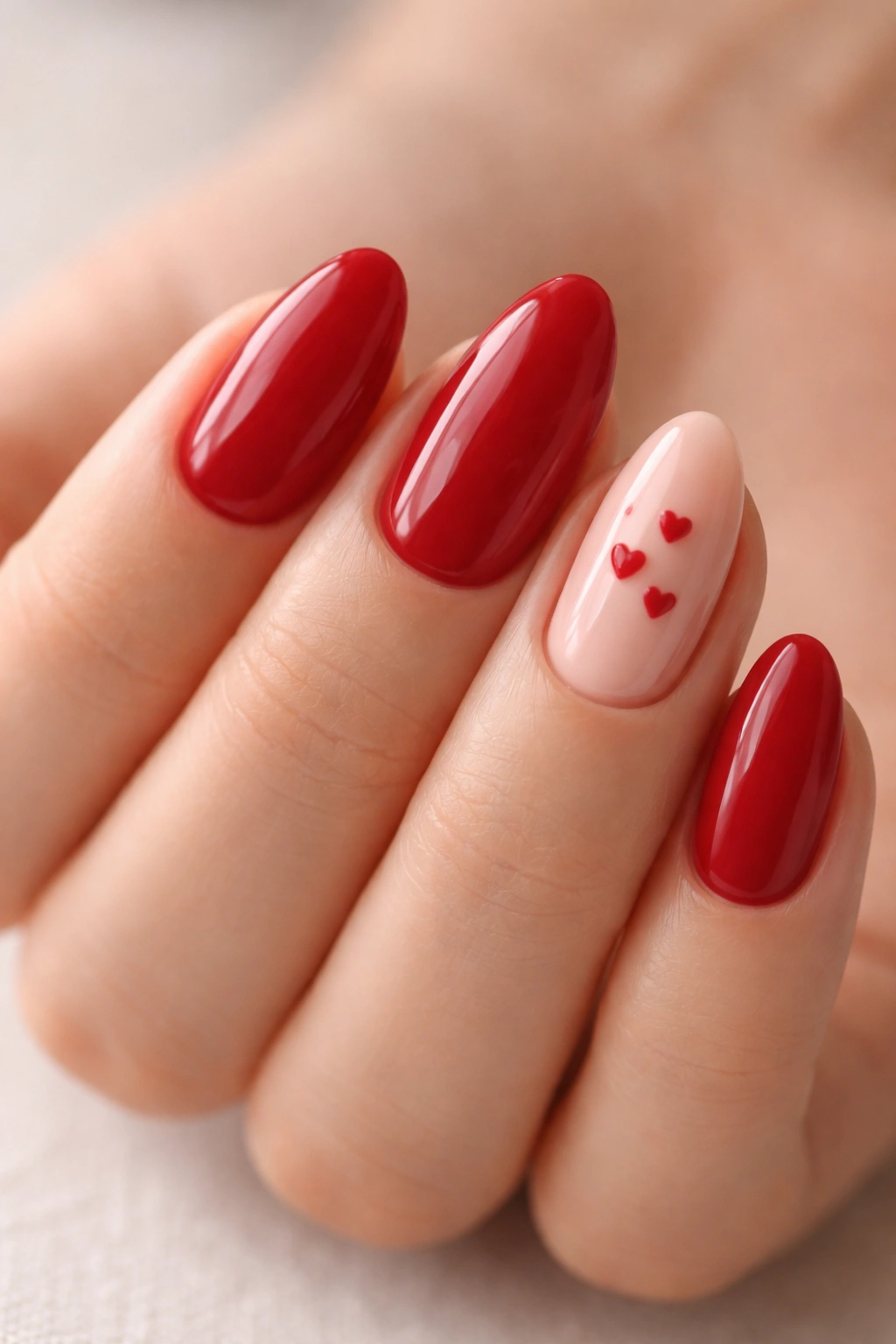 Short almond nails with tiny cherry heart accents