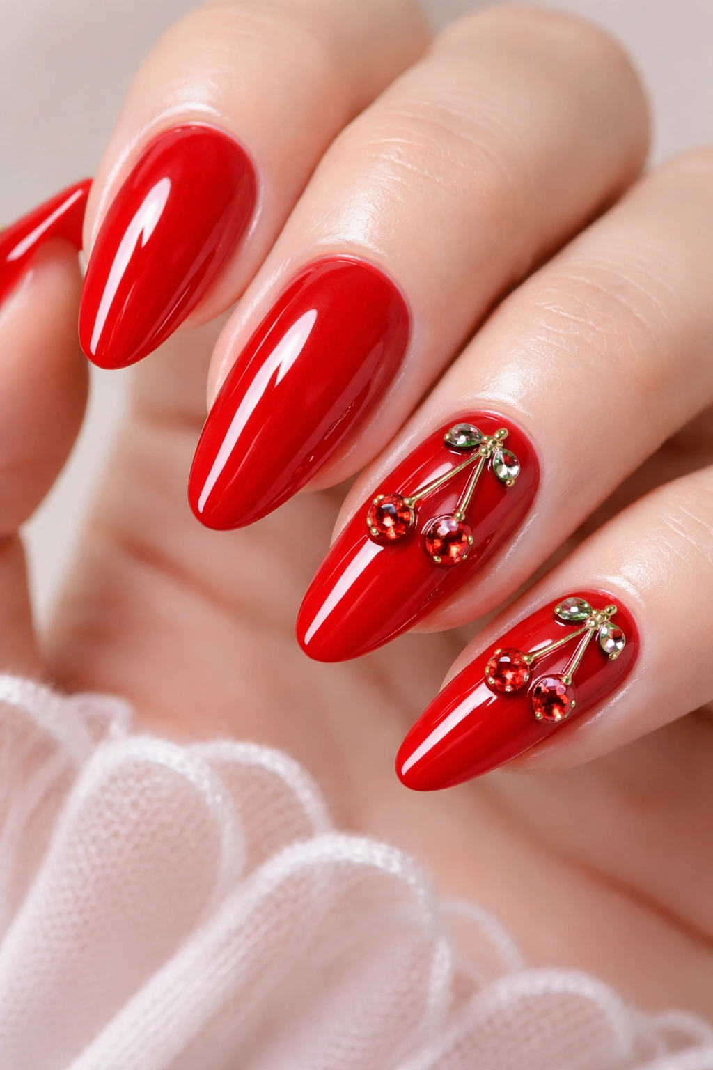 Close-up of cherry red nails with rhinestone cherry accents and gloss