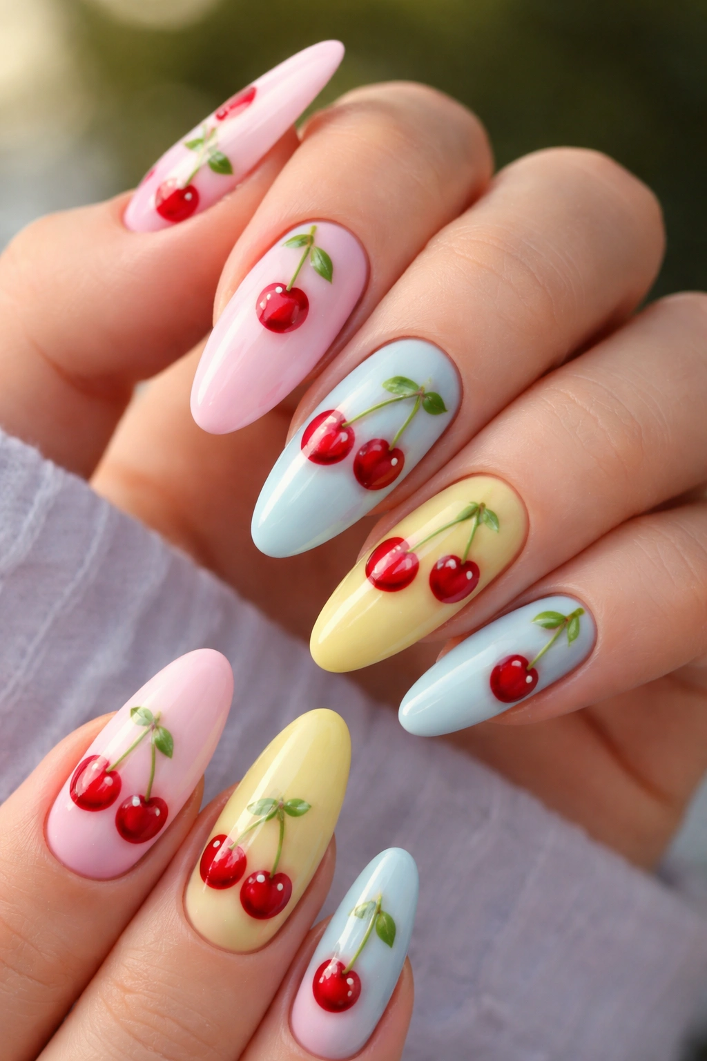 Nails with cherry motifs on a soft pastel background